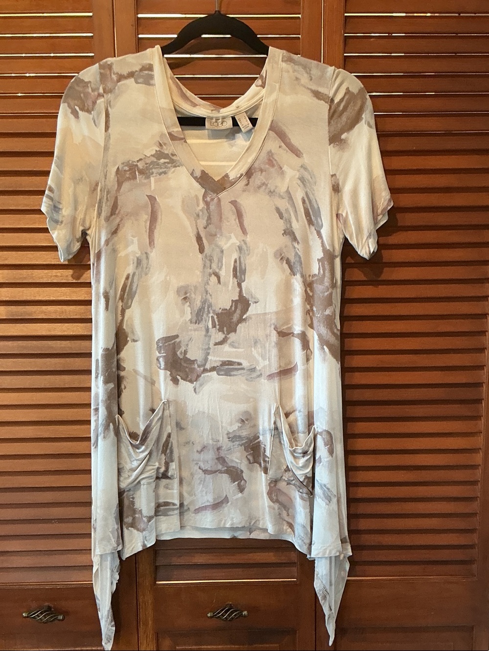 LOGO by Lori Goldstein Taupe and Cream Abstract V-Neck Tunic